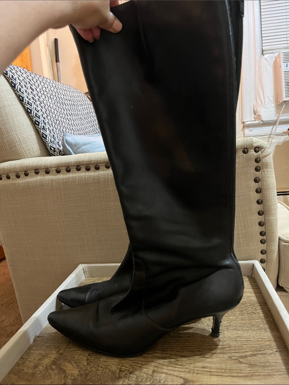 Vintage J. Crew Black Leather Knee-High Pointed-Toe Kitten-Heel Boots